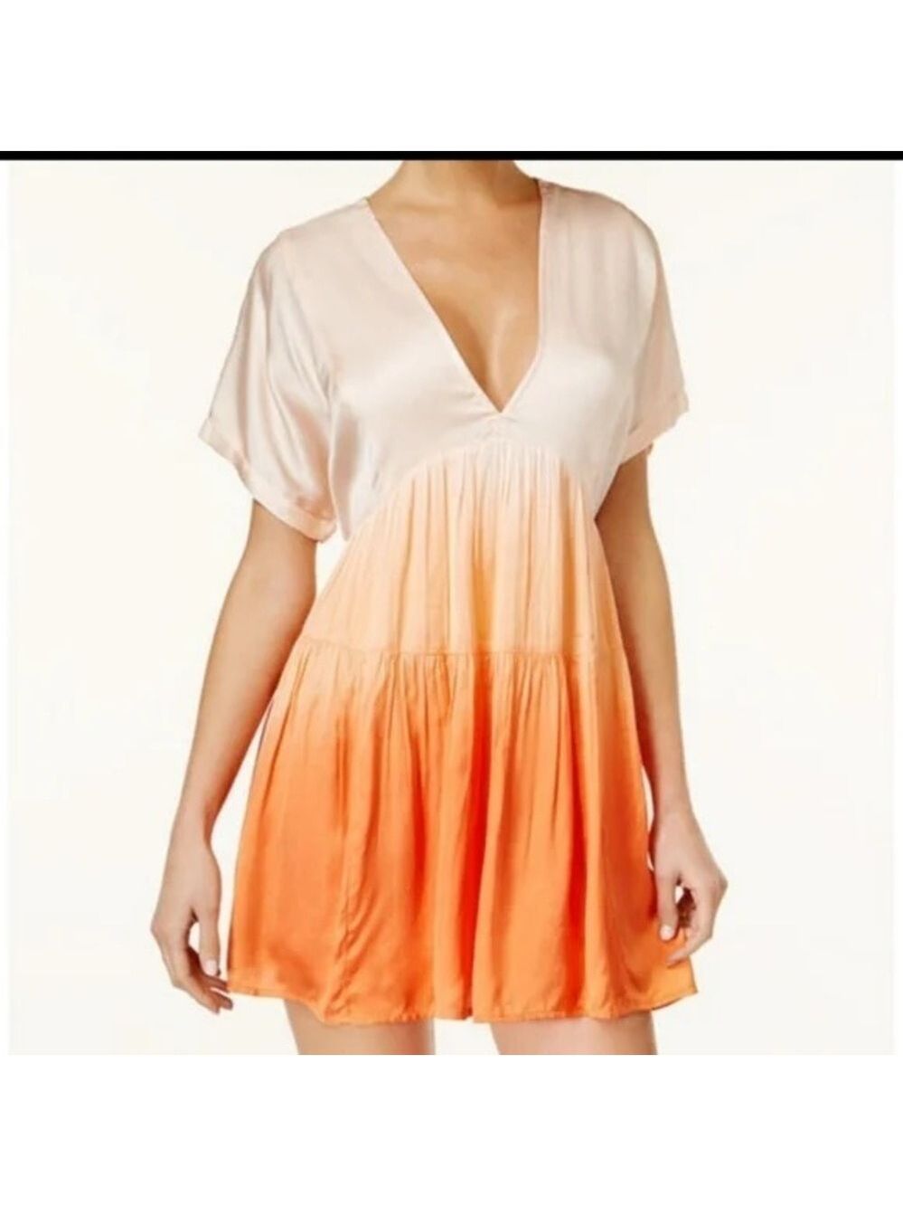 Free People Sun Up Tiered Ombre Peach Orange Mini Babydoll Dress. Size Small
